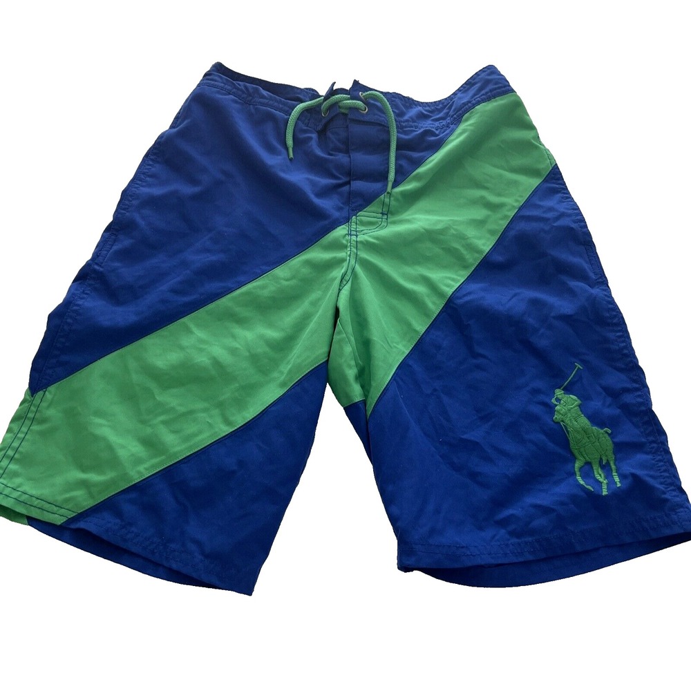 Boys Swimwear Sz L 14/16 Polo Ralph Lauren Logo Green Stripe Lined Stretch Retro